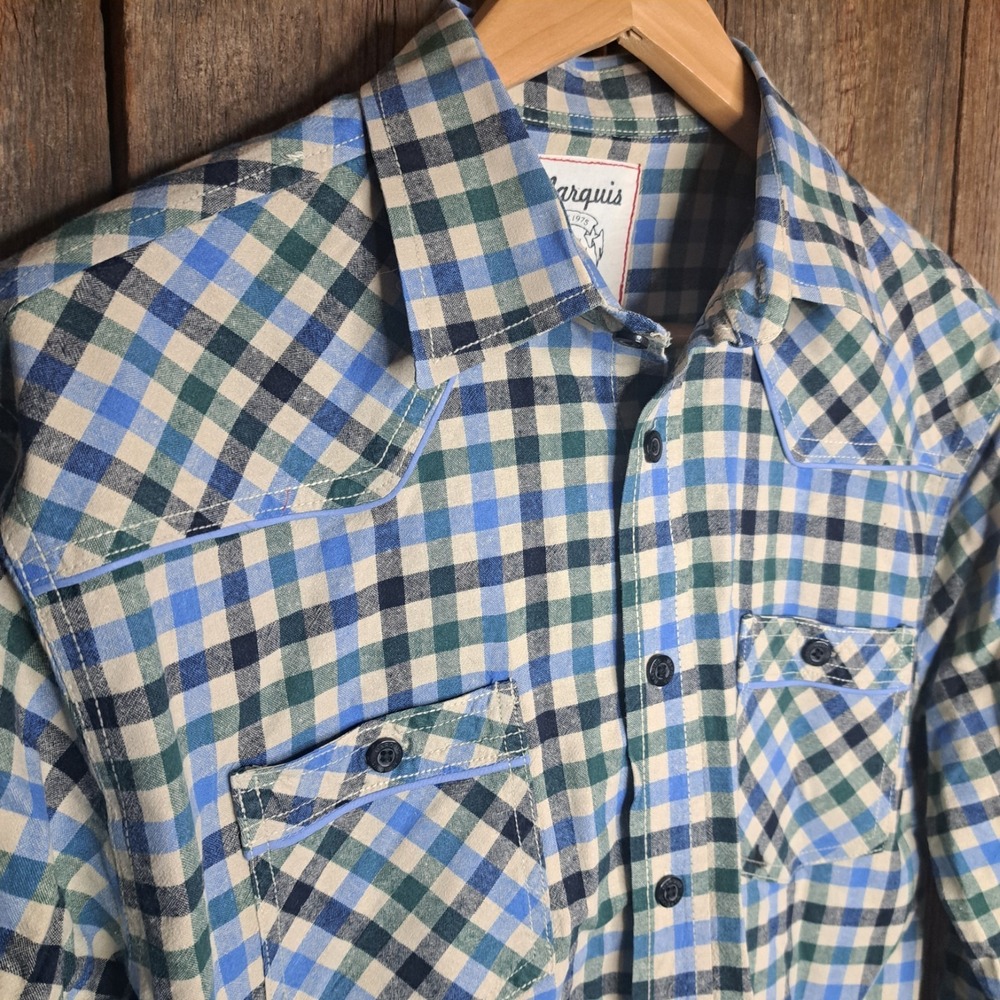 Vtg Western Americana Rockabilly Marquis Men's L Plaid Flannel Snap Button Shirt
